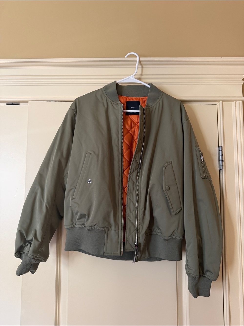 Mango Olive Green Bomber Jacket with Orange Quilted Lining